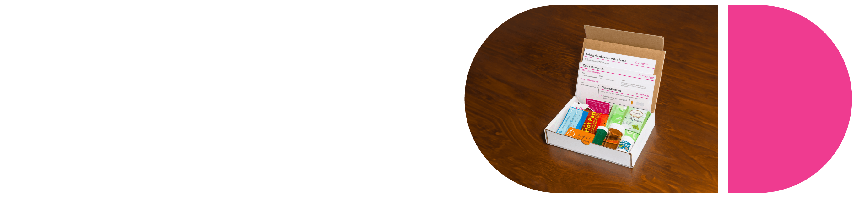 Online Care abortion pills page header graphic with box open